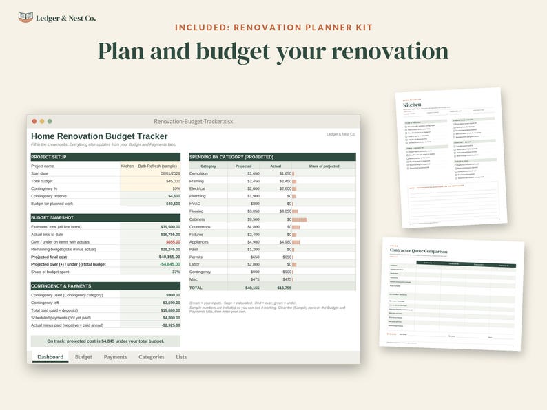 May include: A digital renovation planner kit featuring a Home Renovation Budget Tracker spreadsheet with sections for project setup, budget snapshot, and contingency payments, alongside two printable checklists for kitchen planning and contractor quotes.