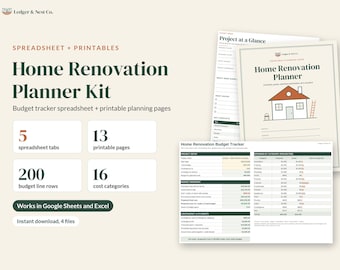 Renovation Planner Spreadsheet, Home Remodel Budget Tracker, Google Sheets Excel, 13 Printable Pages, Kitchen Bathroom Remodel