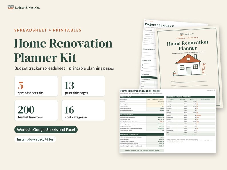 May include: A Home Renovation Planner Kit featuring a spreadsheet and printable pages. The kit includes 5 spreadsheet tabs, 13 printable pages, 200 budget line rows, and 16 cost categories. It works in Google Sheets and Excel, with 4 files.