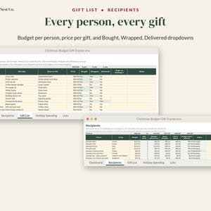 Może przedstawiać: Cyfrowy szablon arkusza kalkulacyjnego zatytułowany Ledger & Nest Co. Gift List and Recipients. Interfejs wyświetla dwa okna, Christmas-Budget-Gift-Tracker.xlsx, zawierające kolumny na pomysły na prezenty, ceny oraz śledzenie statusu zakup&oacute;w świątecznych.