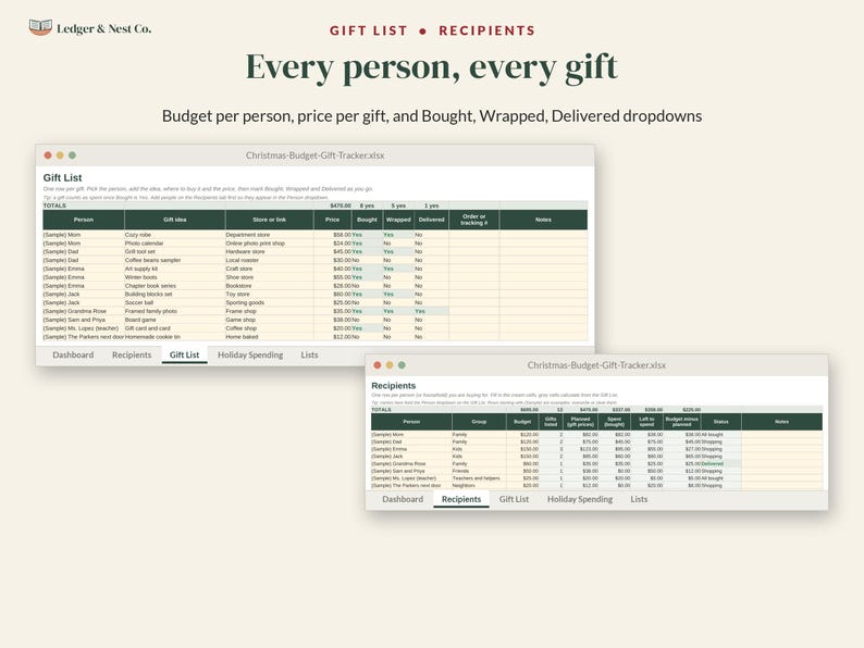 Może przedstawiać: Cyfrowy szablon arkusza kalkulacyjnego zatytułowany Ledger & Nest Co. Gift List and Recipients. Interfejs wyświetla dwa okna, Christmas-Budget-Gift-Tracker.xlsx, zawierające kolumny na pomysły na prezenty, ceny oraz śledzenie statusu zakup&oacute;w świątecznych.