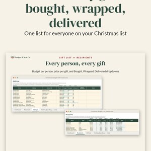Może przedstawiać: Cyfrowy szablon arkusza kalkulacyjnego do śledzenia prezent&oacute;w dla Google Sheets i Excel. Interfejs zawiera karty do listy prezent&oacute;w i śledzenia odbiorc&oacute;w, z kolumnami na budżet, status i notatki. Tekst zawiera "GIFT TRACKER" oraz "Track every gift: bought, wrapped, delivered."