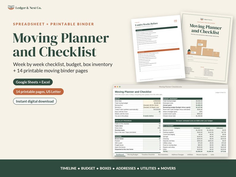 Moving Checklist and Moving Planner, Google Sheets Excel Spreadsheet, Printable Moving Binder, Box Inventory, New Home Checklist image 3