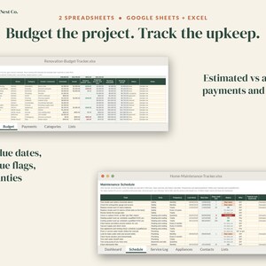 May include: Digital renovation budget and home maintenance trackers for Google Sheets and Excel. The interface displays line-item budgets, estimated versus actual costs, payment totals, maintenance schedules, due dates, and warranty logs.