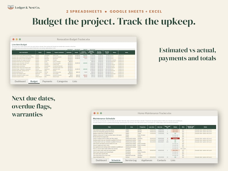 May include: Digital renovation budget and home maintenance trackers for Google Sheets and Excel. The interface displays line-item budgets, estimated versus actual costs, payment totals, maintenance schedules, due dates, and warranty logs.