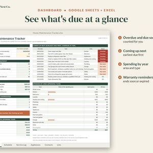 May include: A digital home maintenance tracker spreadsheet dashboard for Google Sheets and Excel. The interface displays task schedules, spending summaries, appliance warranty status, and maintenance logs with text labels like Home Maintenance Tracker.