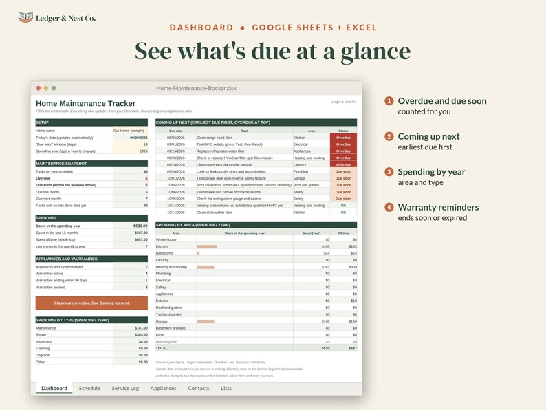 May include: A digital home maintenance tracker spreadsheet dashboard for Google Sheets and Excel. The interface displays task schedules, spending summaries, appliance warranty status, and maintenance logs with text labels like Home Maintenance Tracker.