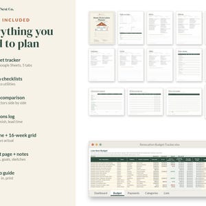 May include: A digital home renovation planner set by Ledger & Nest Co. includes a budget tracker for Excel and Google Sheets, six room checklists, a contractor quote comparison, a selections log, a timeline with a 16-week grid, project pages, and a how-to guide.