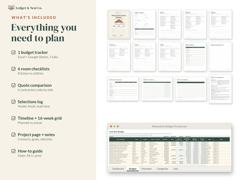 May include: A digital home renovation planner set by Ledger & Nest Co. includes a budget tracker for Excel and Google Sheets, six room checklists, a contractor quote comparison, a selections log, a timeline with a 16-week grid, project pages, and a how-to guide.