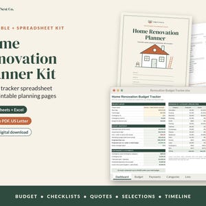 May include: A digital home renovation planner kit by Ledger & Nest Co. featuring a spreadsheet budget tracker for Google Sheets and Excel, plus 13 printable PDF pages, including checklists, quotes, selections, and timelines for project management.
