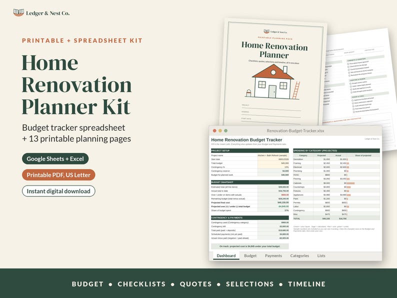 May include: A digital home renovation planner kit by Ledger & Nest Co. featuring a spreadsheet budget tracker for Google Sheets and Excel, plus 13 printable PDF pages, including checklists, quotes, selections, and timelines for project management.