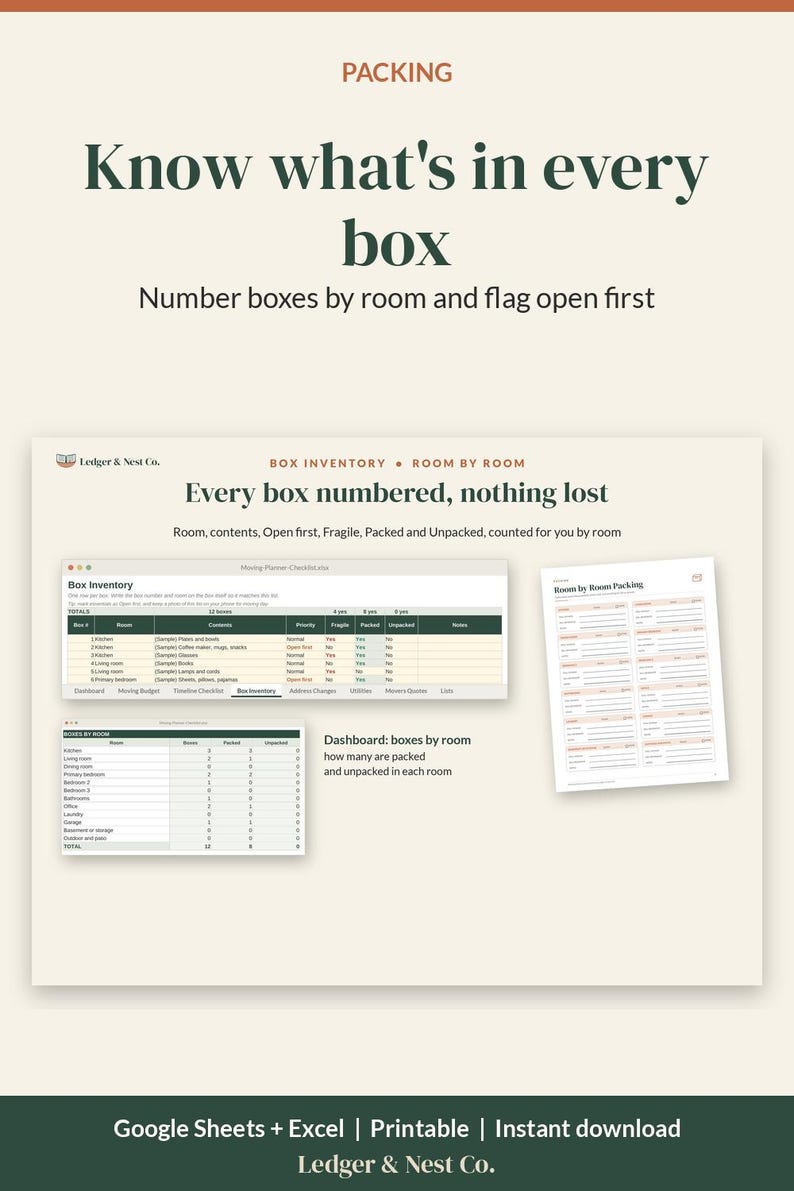 Moving Checklist and Moving Planner, Google Sheets Excel Spreadsheet, Printable Moving Binder, Box Inventory, New Home Checklist image 11