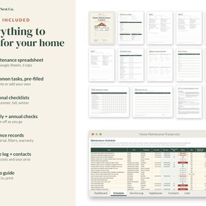 May include: A digital home maintenance tracker set by Ledger & Nest Co. featuring a spreadsheet with 6 tabs, 44 pre-filled tasks, seasonal checklists, appliance records, service logs, and a how-to guide. The layout includes multiple document pages and a detailed maintenance schedule interface.