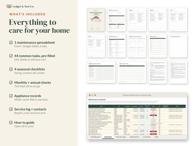 May include: A digital home maintenance tracker set by Ledger & Nest Co. featuring a spreadsheet with 6 tabs, 44 pre-filled tasks, seasonal checklists, appliance records, service logs, and a how-to guide. The layout includes multiple document pages and a detailed maintenance schedule interface.