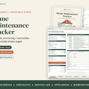May include: A digital home maintenance tracker spreadsheet and printable binder pages by Ledger & Nest Co. The interface displays a dashboard with maintenance schedules, service logs, and appliance warranty tracking in Google Sheets and Excel.