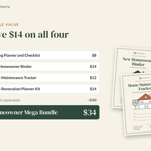 Pode incluir: Um pacote digital de documentos de organiza&ccedil;&atilde;o dom&eacute;stica da Ledger & Nest Co., incluindo um planejador de mudan&ccedil;as, pasta para propriet&aacute;rios, rastreador de manuten&ccedil;&atilde;o e kit de renova&ccedil;&atilde;o, exibidos com detalhes de pre&ccedil;os.