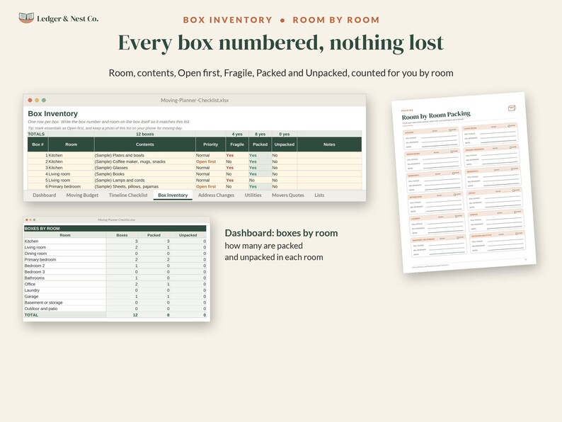 Moving Checklist and Moving Planner, Google Sheets Excel Spreadsheet, Printable Moving Binder, Box Inventory, New Home Checklist image 6