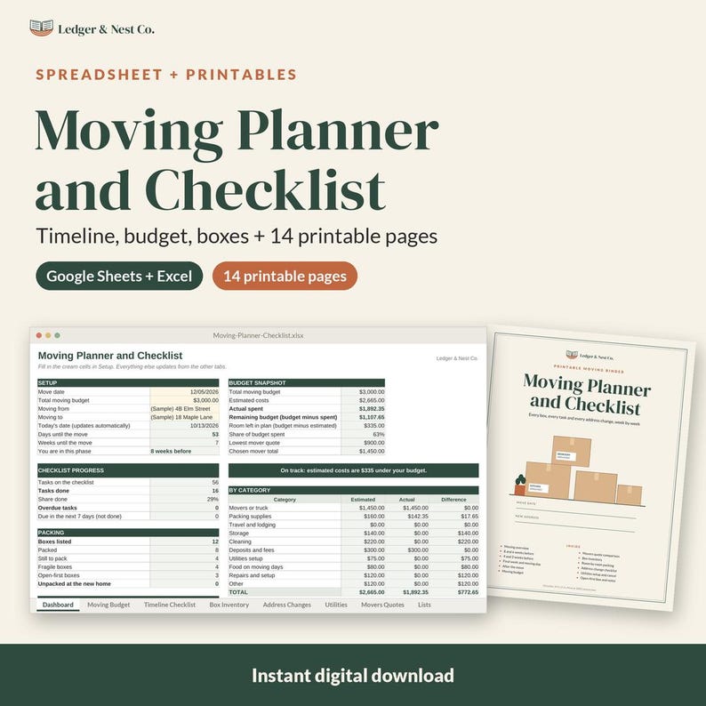 Moving Checklist and Moving Planner, Google Sheets Excel Spreadsheet, Printable Moving Binder, Box Inventory, New Home Checklist image 2