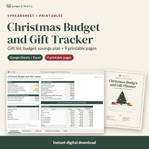 Może przedstawiać: Cyfrowy arkusz kalkulacyjny i zestaw planer&oacute;w do druku Christmas Budget and Gift Tracker od Ledger & Nest Co. Interfejs zawiera sekcje podsumowania budżetu, postęp&oacute;w w zakupie prezent&oacute;w i kategorii wydatk&oacute;w oraz stronę tytułową.