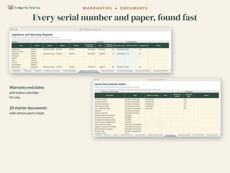 New Homeowner Binder, New Home Checklist, Google Sheets Excel Spreadsheet, Printable Home Binder, Home Inventory, First Home Gift image 4