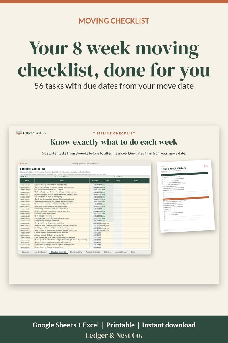Moving Checklist and Moving Planner, Google Sheets Excel Spreadsheet, Printable Moving Binder, Box Inventory, New Home Checklist image 10