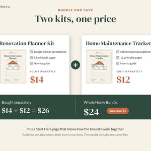 May include: A digital bundle featuring a Renovation Planner Kit and a Home Maintenance Tracker. The Renovation Planner includes a budget tracker, 13 printable pages, and a guide. The Home Maintenance Tracker includes a spreadsheet, 12 printable pages, and a guide.