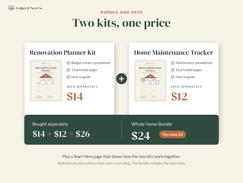 May include: A digital bundle featuring a Renovation Planner Kit and a Home Maintenance Tracker. The Renovation Planner includes a budget tracker, 13 printable pages, and a guide. The Home Maintenance Tracker includes a spreadsheet, 12 printable pages, and a guide.