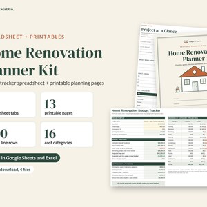 Pode incluir: Kit de planeamento de renova&ccedil;&atilde;o residencial Ledger & Nest Co. com folha de c&aacute;lculo de or&ccedil;amento e 13 p&aacute;ginas imprim&iacute;veis. Inclui 5 separadores, 200 linhas de or&ccedil;amento e 16 categorias de custos. Compat&iacute;vel com Google Sheets e Excel.