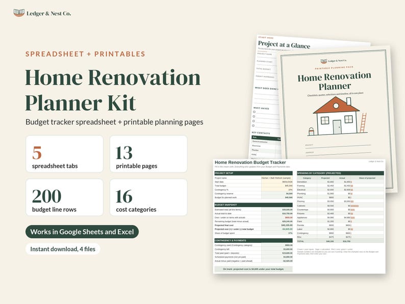 Pode incluir: Kit de planeamento de renova&ccedil;&atilde;o residencial Ledger & Nest Co. com folha de c&aacute;lculo de or&ccedil;amento e 13 p&aacute;ginas imprim&iacute;veis. Inclui 5 separadores, 200 linhas de or&ccedil;amento e 16 categorias de custos. Compat&iacute;vel com Google Sheets e Excel.