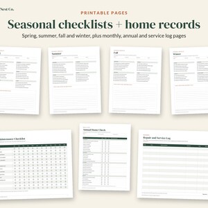 May include: A collection of printable pages titled Seasonal checklists + home records by Ledger & Nest Co. The set includes checklists for spring, summer, fall, and winter, alongside a monthly maintenance checklist, annual home check, and repair and service log.