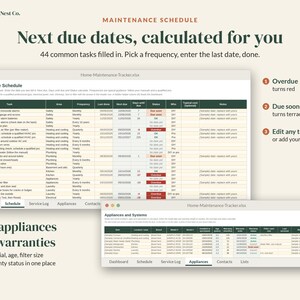May include: A digital home maintenance tracker spreadsheet template by Ledger & Nest Co. featuring a maintenance schedule with 44 tasks, colour-coded status indicators, and an appliances and warranties log for tracking model, serial, and warranty details.