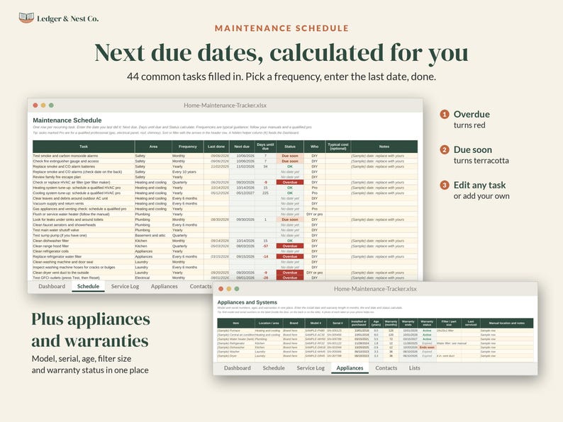 May include: A digital home maintenance tracker spreadsheet template by Ledger & Nest Co. featuring a maintenance schedule with 44 tasks, colour-coded status indicators, and an appliances and warranties log for tracking model, serial, and warranty details.