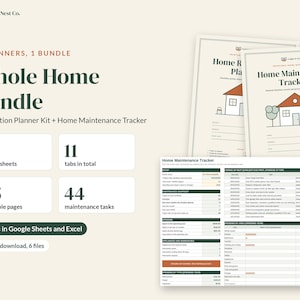 May include: A digital home organization bundle featuring a renovation planner and home maintenance tracker. Includes 2 spreadsheets, 11 tabs, 25 printable pages, and 44 maintenance tasks. Compatible with Google Sheets and Excel, with 6 files.