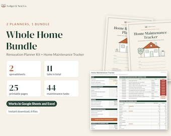 Home Planner Bundle, Renovation Planner and Home Maintenance Checklist, Google Sheets Excel Printable, New Homeowner Gift