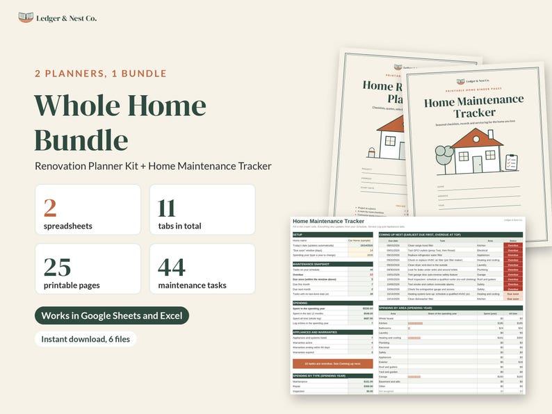 May include: A digital home organization bundle featuring a renovation planner and home maintenance tracker. Includes 2 spreadsheets, 11 tabs, 25 printable pages, and 44 maintenance tasks. Compatible with Google Sheets and Excel, with 6 files.