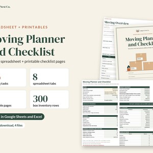 Pode incluir: Um conjunto de planejador e lista de verifica&ccedil;&atilde;o de mudan&ccedil;a da Ledger & Nest Co. com 56 tarefas, 8 abas de planilha, 14 p&aacute;ginas imprim&iacute;veis e 300 linhas de invent&aacute;rio. Texto verde escuro e laranja em um fundo bege claro.