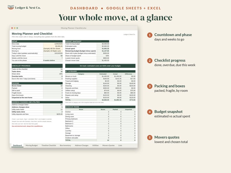 Moving Checklist and Moving Planner, Google Sheets Excel Spreadsheet, Printable Moving Binder, Box Inventory, New Home Checklist image 4