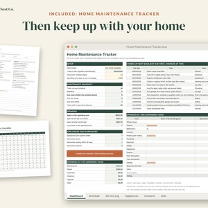 May include: A digital home maintenance tracker spreadsheet by Ledger & Nest Co. featuring a dashboard with maintenance snapshots, spending summaries, and appliance logs, alongside two printed checklists for spring and monthly tasks.