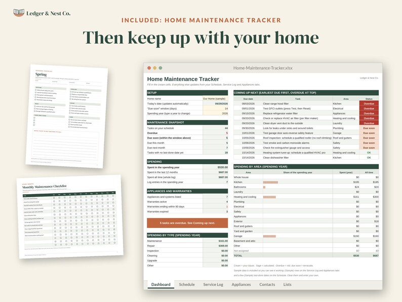 May include: A digital home maintenance tracker spreadsheet by Ledger & Nest Co. featuring a dashboard with maintenance snapshots, spending summaries, and appliance logs, alongside two printed checklists for spring and monthly tasks.