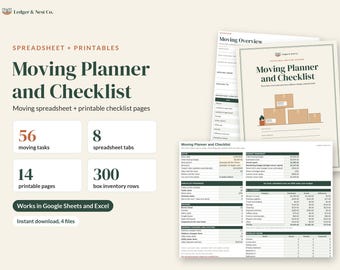 Moving Checklist and Moving Planner, Google Sheets Excel Spreadsheet, Printable Moving Binder, Box Inventory, New Home Checklist