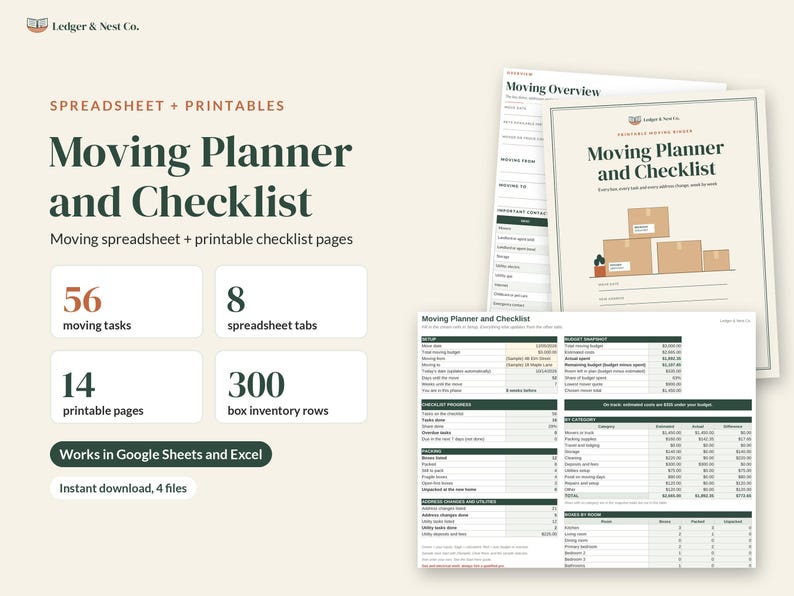 Moving Checklist and Moving Planner, Google Sheets Excel Spreadsheet, Printable Moving Binder, Box Inventory, New Home Checklist image 1