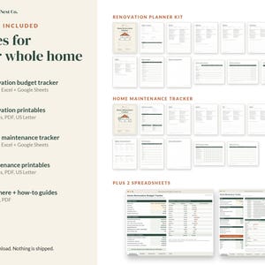May include: A digital home renovation and maintenance planner kit by Ledger & Nest Co. includes five files: a renovation budget tracker, renovation printables, a home maintenance tracker, maintenance printables, and how-to guides.