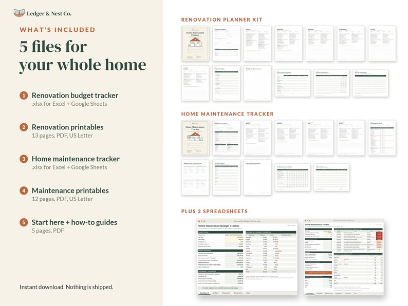 May include: A digital home renovation and maintenance planner kit by Ledger & Nest Co. includes five files: a renovation budget tracker, renovation printables, a home maintenance tracker, maintenance printables, and how-to guides.