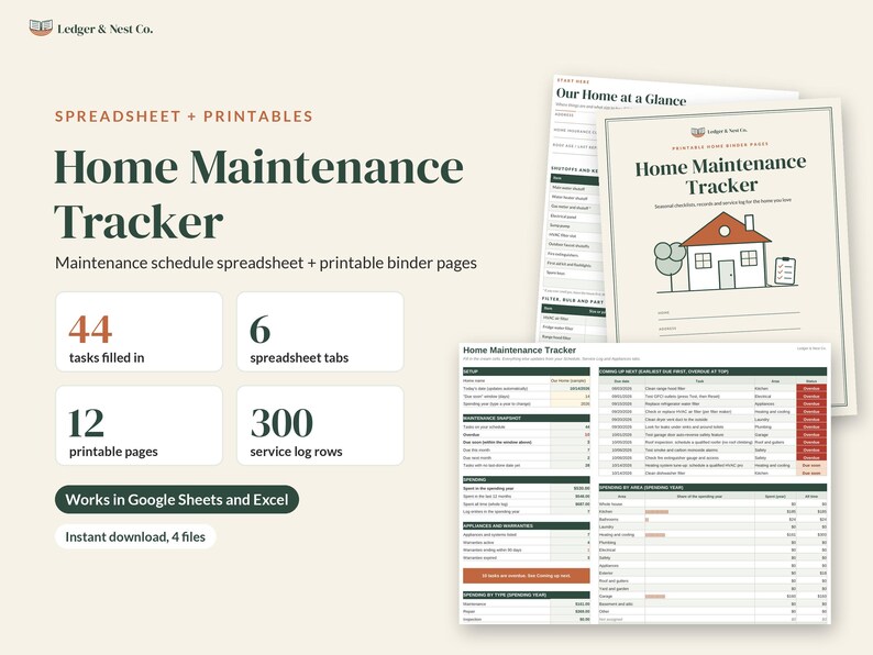 May include: A digital home maintenance tracker spreadsheet and printable binder pages by Ledger & Nest Co. Includes 44 tasks, 6 spreadsheet tabs, 12 printable pages, and 300 service log rows. Compatible with Google Sheets and Excel.