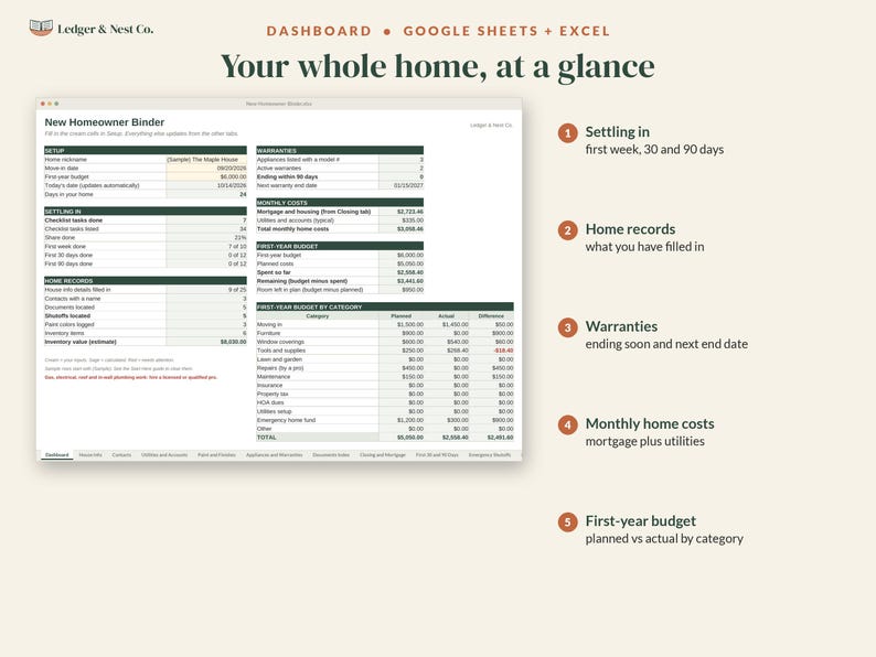 New Homeowner Binder, New Home Checklist, Google Sheets Excel Spreadsheet, Printable Home Binder, Home Inventory, First Home Gift image 2