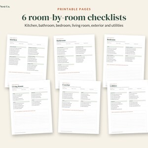May include: Six printable pages featuring room-by-room checklists for the kitchen, bathroom, bedroom, living room, exterior, and utilities. Each white page includes organised categories, checkboxes, and lined sections for notes by Ledger & Nest Co.