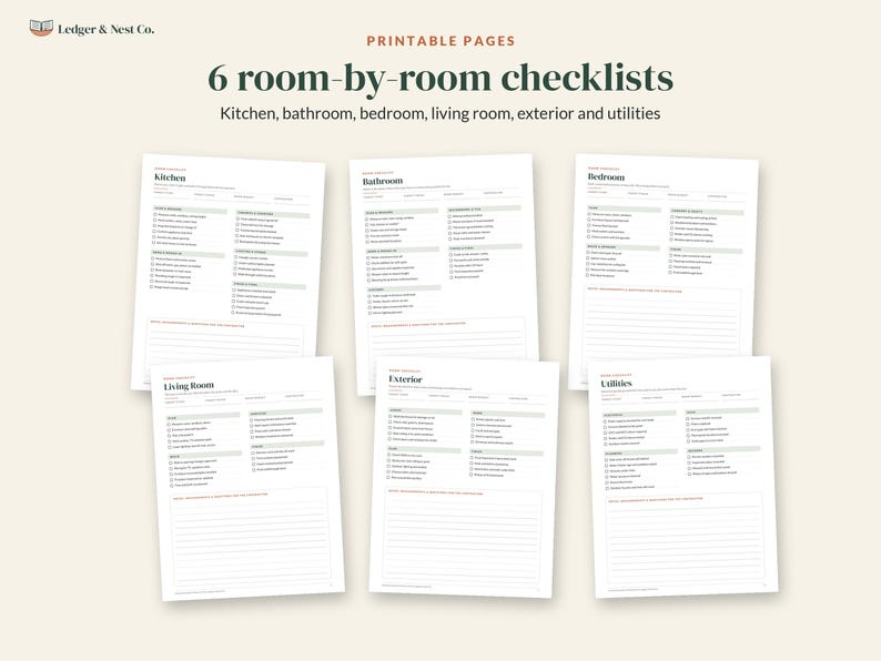 May include: Six printable pages featuring room-by-room checklists for the kitchen, bathroom, bedroom, living room, exterior, and utilities. Each white page includes organised categories, checkboxes, and lined sections for notes by Ledger & Nest Co.