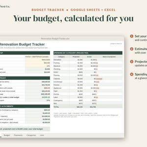 May include: A digital Home Renovation Budget Tracker spreadsheet for Google Sheets and Excel by Ledger & Nest Co. The interface displays project setup, budget snapshots, spending by category, and contingency payments with calculated financial data.
