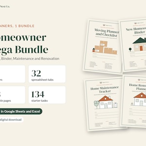 Pode incluir: Um pacote digital Homeowner Mega Bundle com quatro planejadores: Moving Planner and Checklist, New Homeowner Binder, Home Maintenance Tracker e Home Renovation Planner. Inclui 53 p&aacute;ginas imprim&iacute;veis, 32 abas de planilha e 134 tarefas.