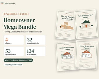 Homeowner Bundle, New Home Binder, Moving Checklist, Home Maintenance Tracker, Renovation Planner, Google Sheets Excel, New Homeowner Gift
